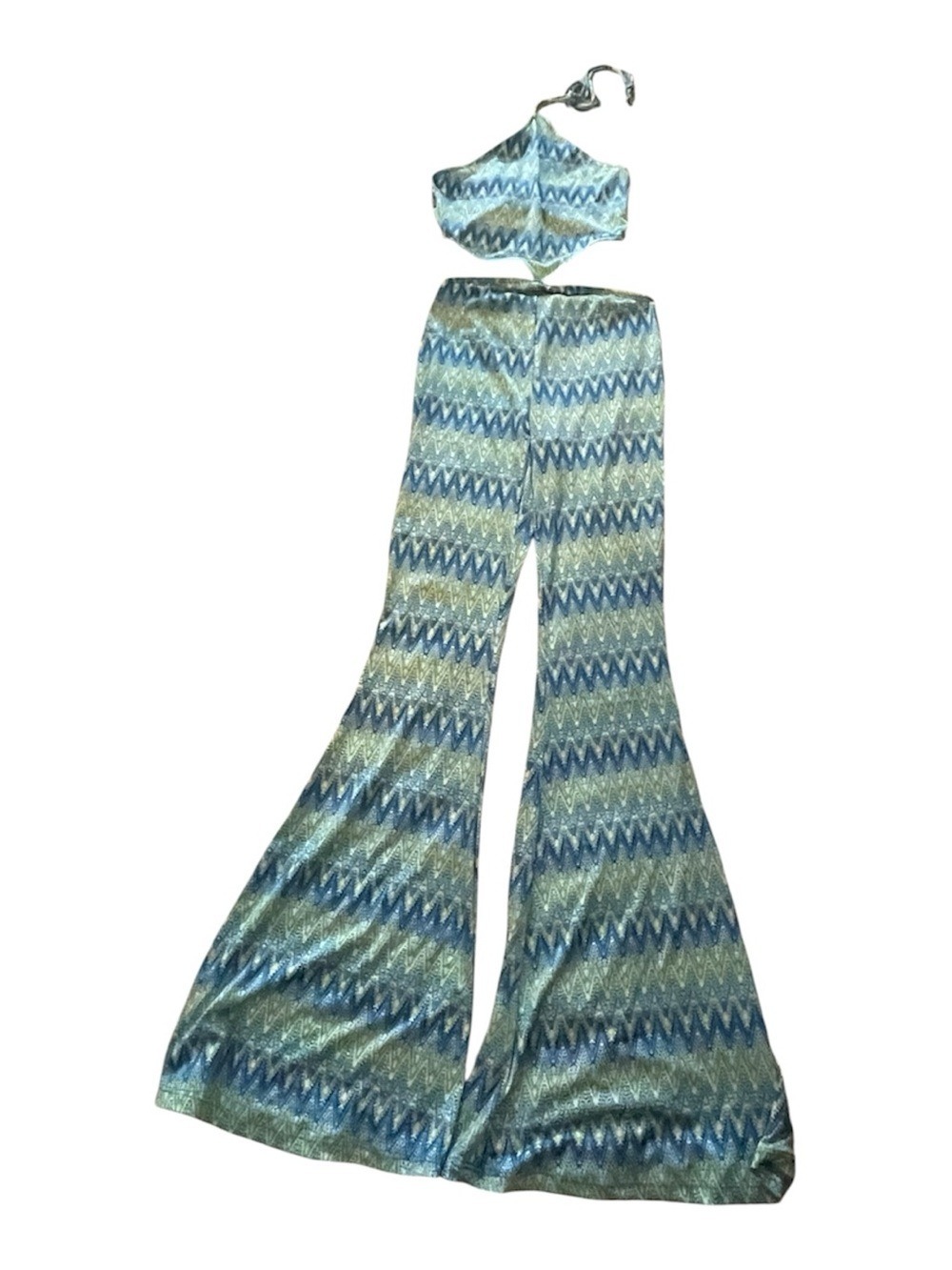 Rue21 Blue Green Chevron Halter Jumpsuit Wide Leg Backless XS